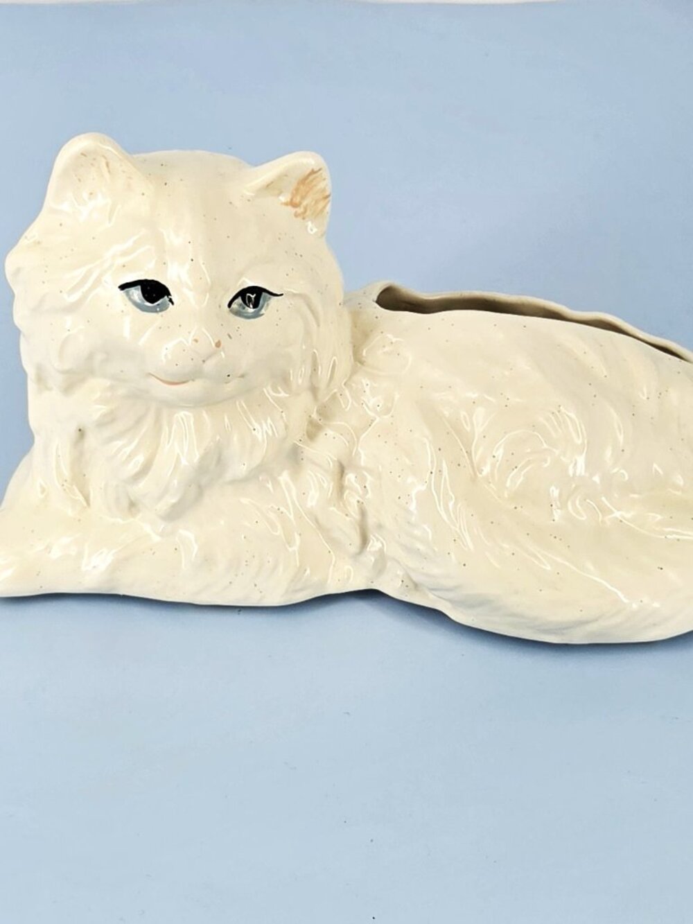 1950s White Persian Cat Ceramic Planter Cottage Core Hand Painted Blue Eyes Bow